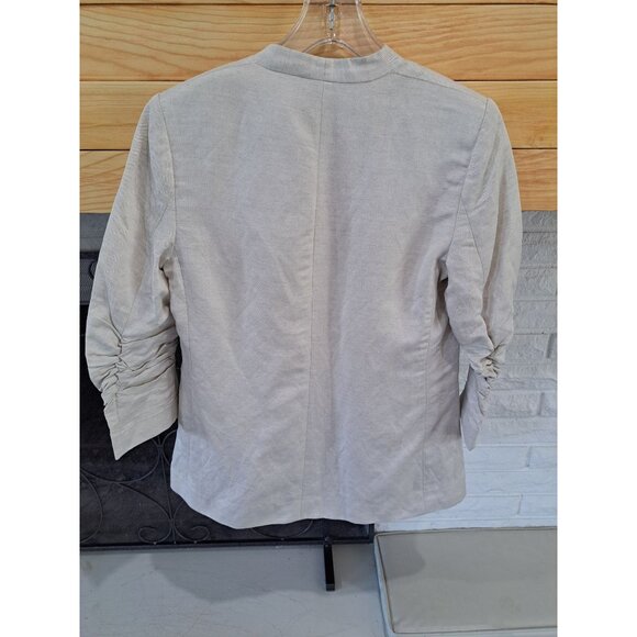 H&M Linen Bld Beige Ruched Sleeve Blazer Women's Size 8 Lightweight Open Front - Picture 7 of 10